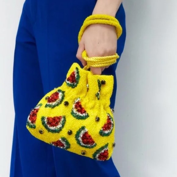 SOLD - ZARA BEADED BUCKET BAG WATERMELON PATTERN YELLOW NWT - Picture 1 of 11